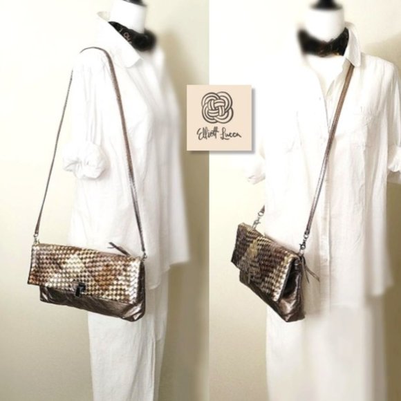 ELLIOTT LUCCA 3in1 Bag Metallic Gold Weaved Leather Clutch Shoulder Bag … - Picture 3 of 12